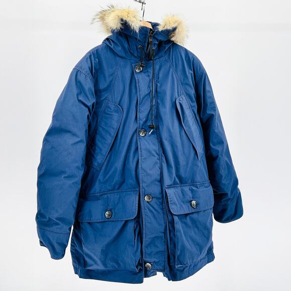 Vintage 80s 90s Eddie Bauer Blue Goose Down Real Fur Trim Hood Parka Coat - Picture 1 of 9